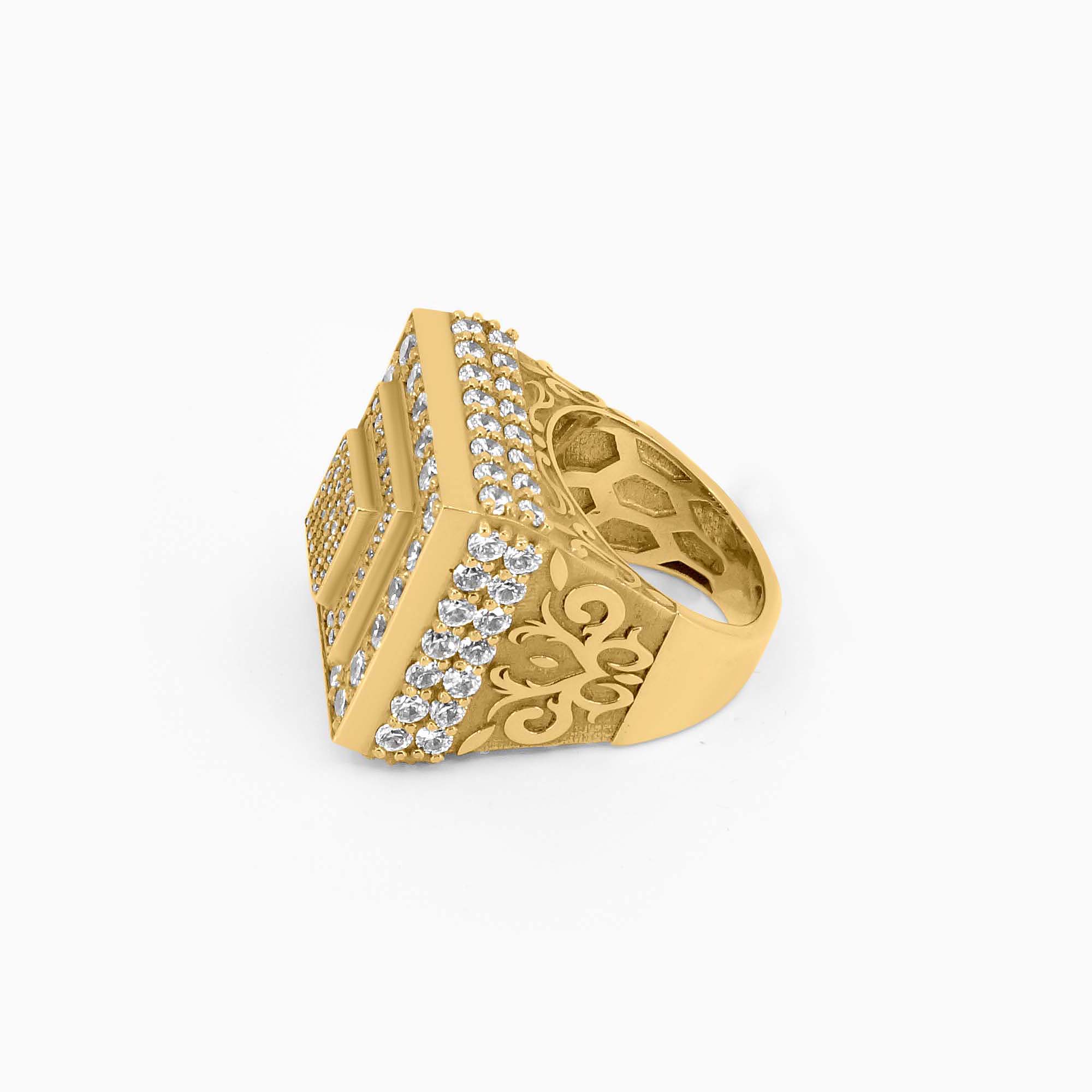 Mens Fashion Ring Gold Square Ring – Pyramid Top with Radiant Accents Pochy Jewelry in Miami