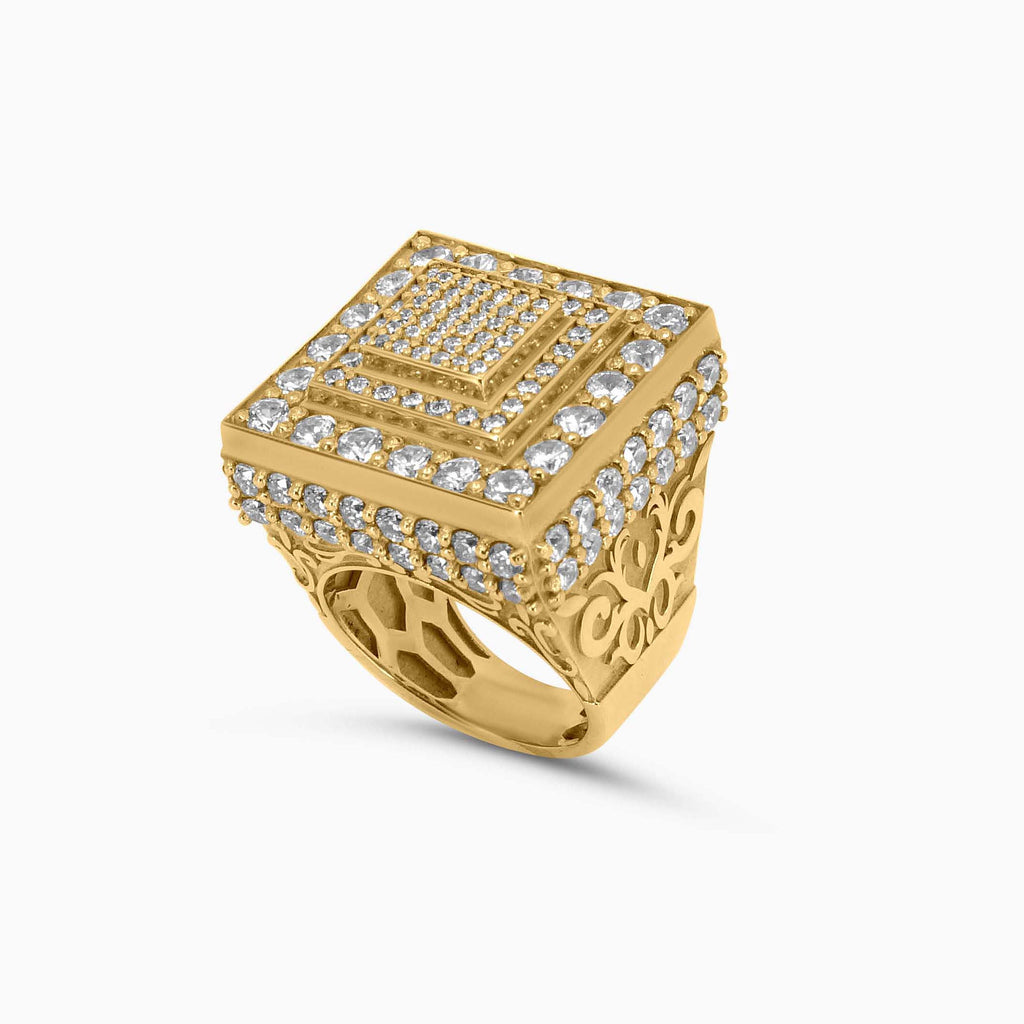 Mens Fashion Ring Gold Square Ring – Pyramid Top with Radiant Accents Pochy Jewelry in Miami