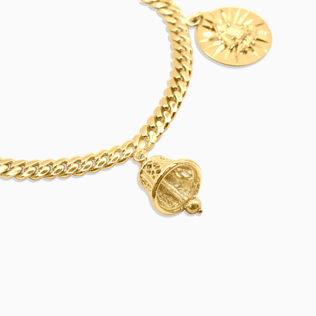 Women's Bracelet 10K Gold Women’s Cuban Link Charm Bracelet – Bells & Virgin Mary Sunburst Medallions Pochy Jewelry in Miami