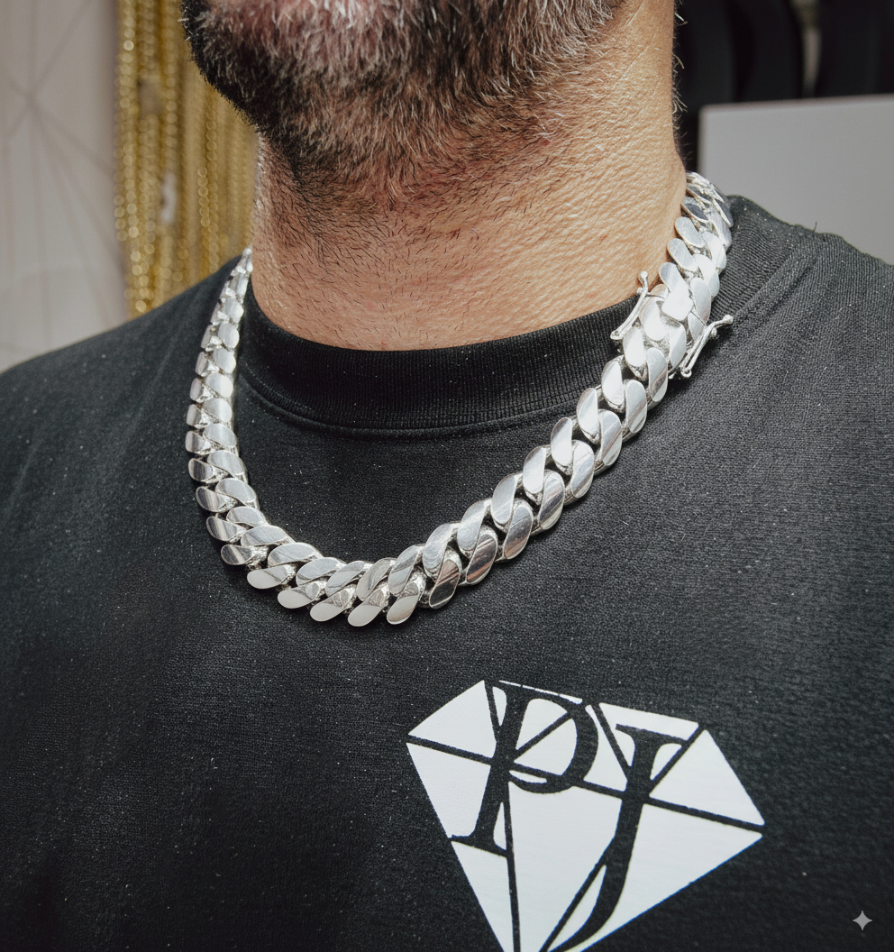 Cuban Link Chain 15mm Silver Handmade Cuban Link Chain Pochy Jewelry in Miami