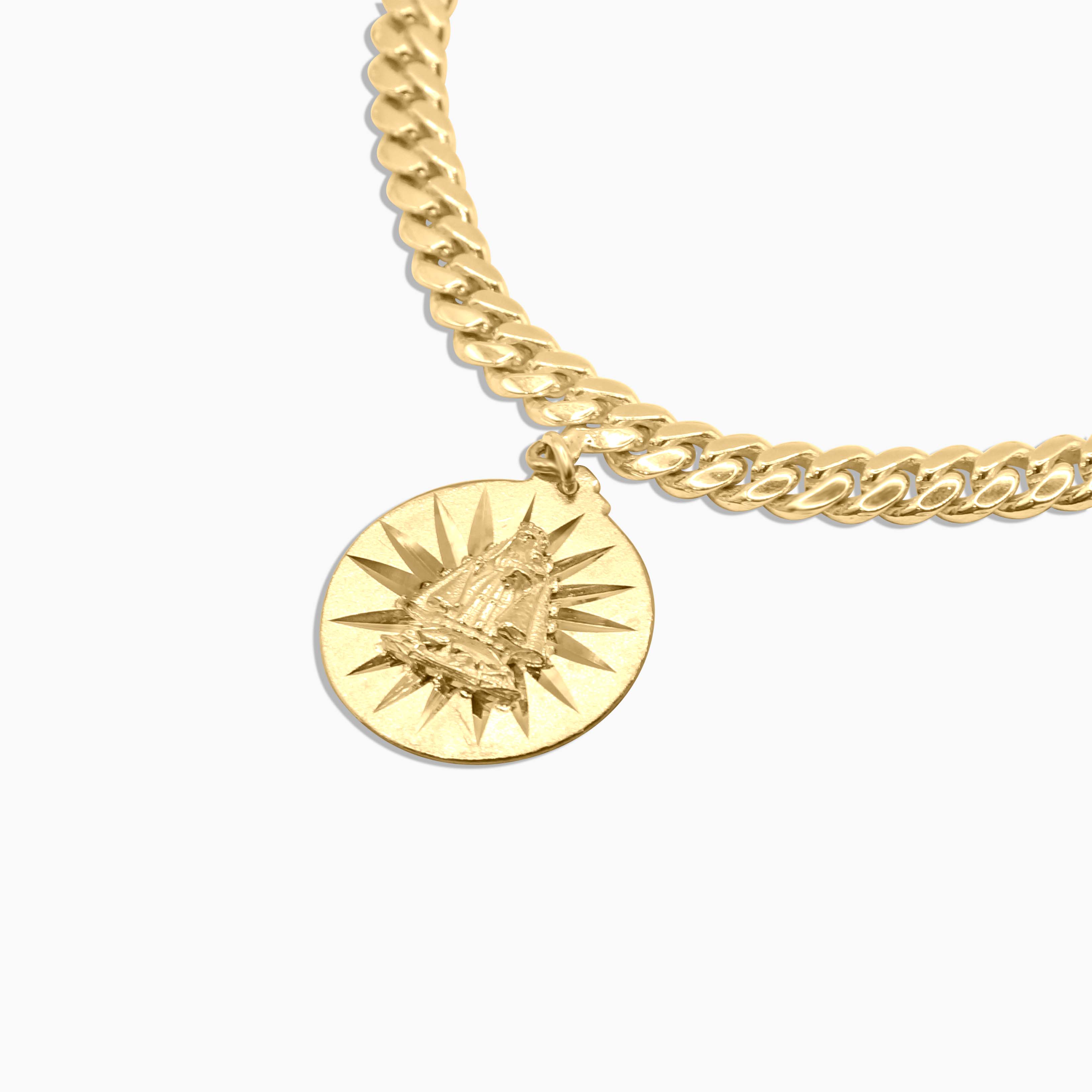 Women's Bracelet 10K Gold Women’s Cuban Link Charm Bracelet – Bells & Virgin Mary Sunburst Medallions Pochy Jewelry in Miami