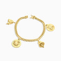 Women's Bracelet 10K Gold Women’s Cuban Link Charm Bracelet – Bells & Virgin Mary Sunburst Medallions Pochy Jewelry in Miami