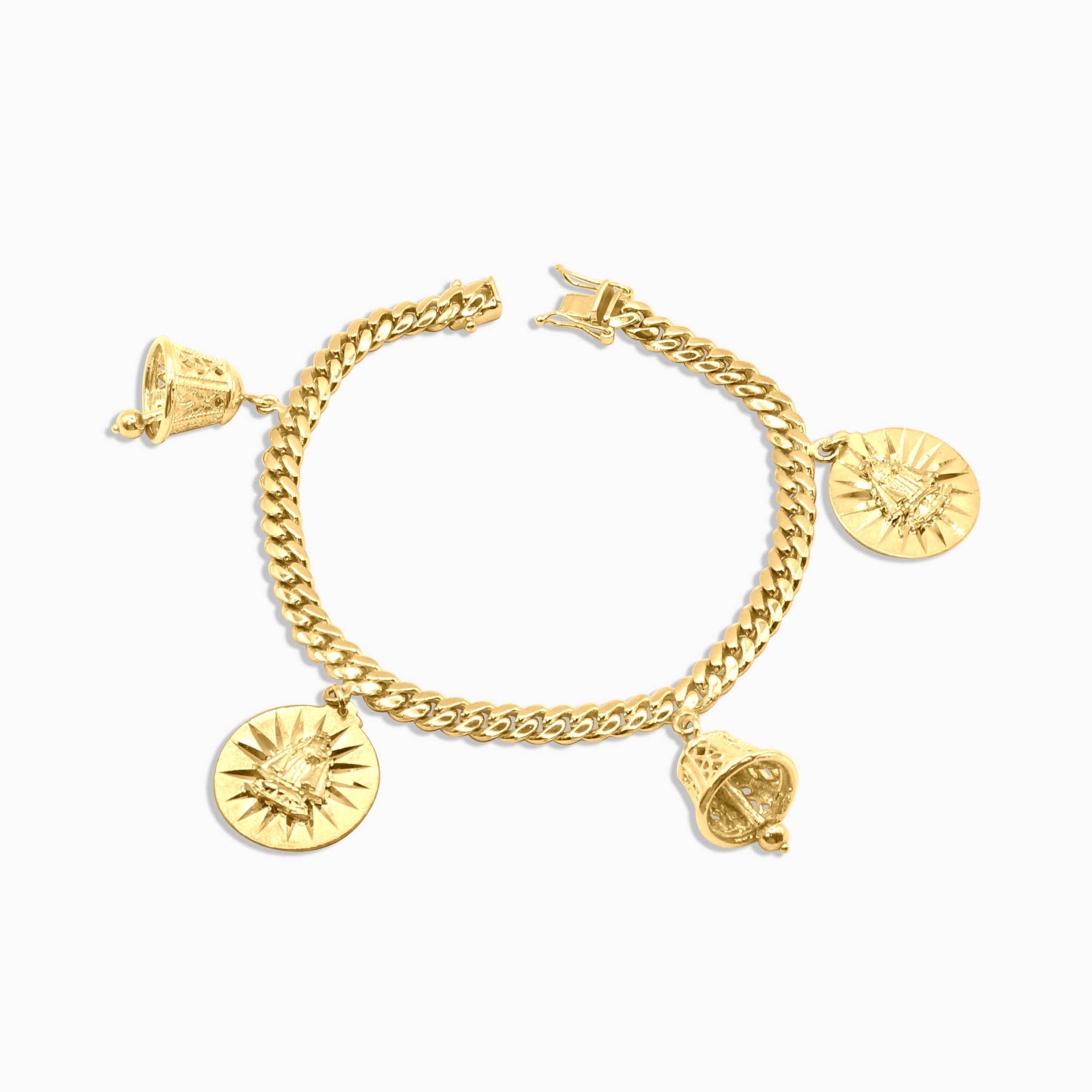 Women's Bracelet 10K Gold Women’s Cuban Link Charm Bracelet – Bells & Virgin Mary Sunburst Medallions Pochy Jewelry in Miami